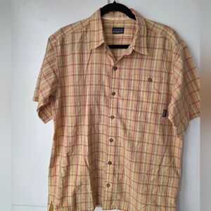 Patagonia Puckerware Seersucker Shirt Size XL Plaid Cotton Blend Orange Red